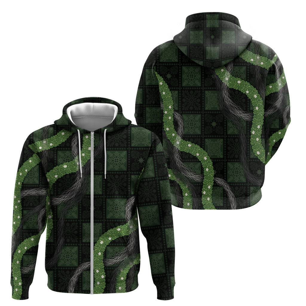 Hawaiian Quilt Zip Hoodie Pele Hair Hinahina Lei Black Version LT05 - Polynesian Pride