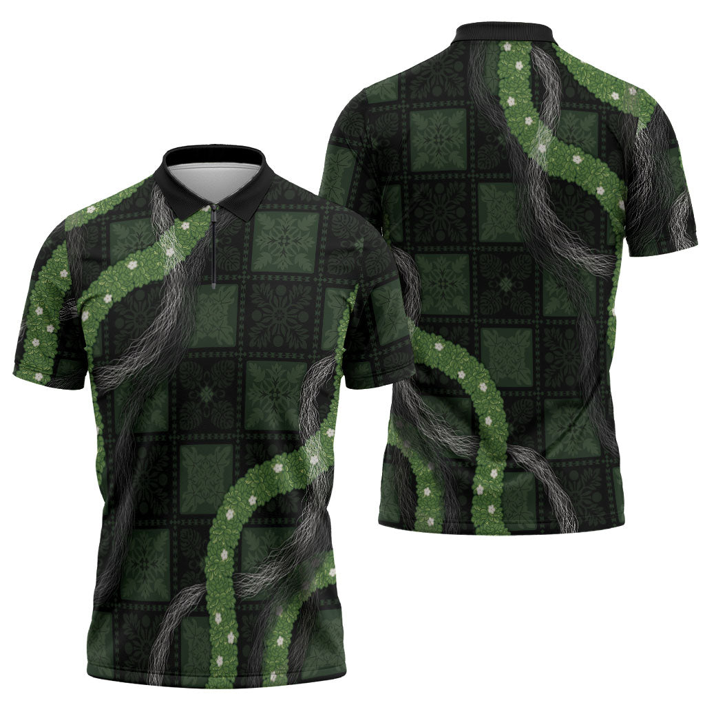 Hawaiian Quilt Zipper Polo Shirt Pele Hair Hinahina Lei Black Version