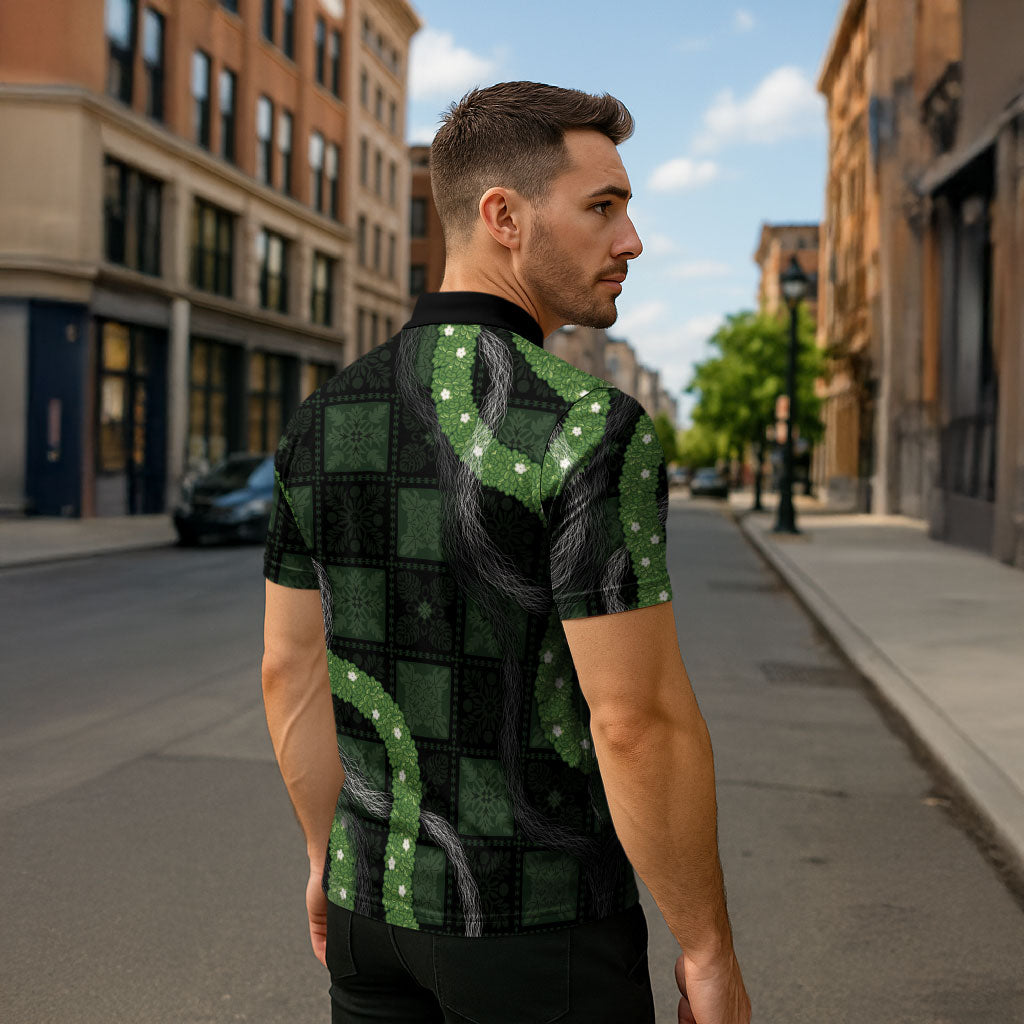 Hawaiian Quilt Zipper Polo Shirt Pele Hair Hinahina Lei Black Version