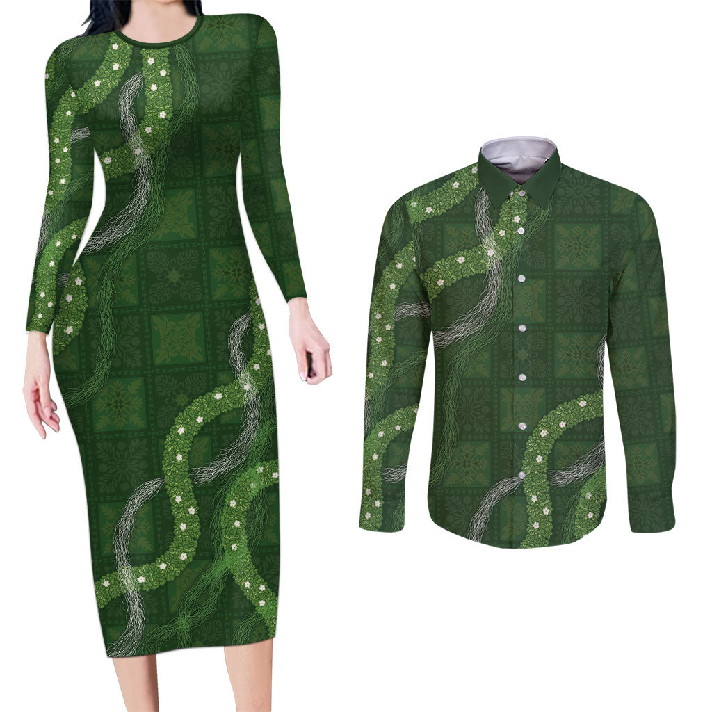 Hawaiian Quilt Couples Matching Long Sleeve Bodycon Dress and Long Sleeve Button Shirt Pele Hair Hinahina Lei Green Version LT05 Green - Polynesian Pride