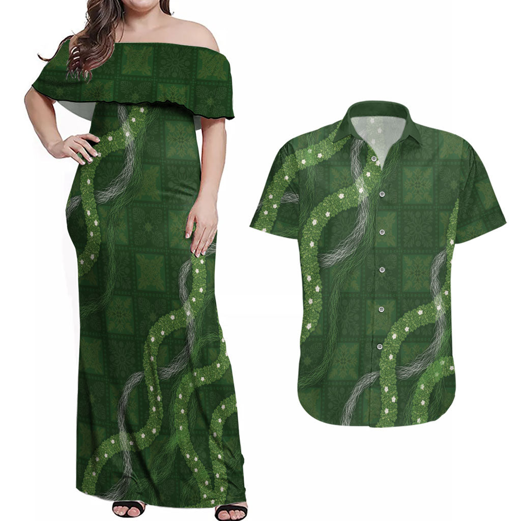 Hawaiian Quilt Couples Matching Off Shoulder Maxi Dress and Hawaiian Shirt Pele Hair Hinahina Lei Green Version LT05 Green - Polynesian Pride