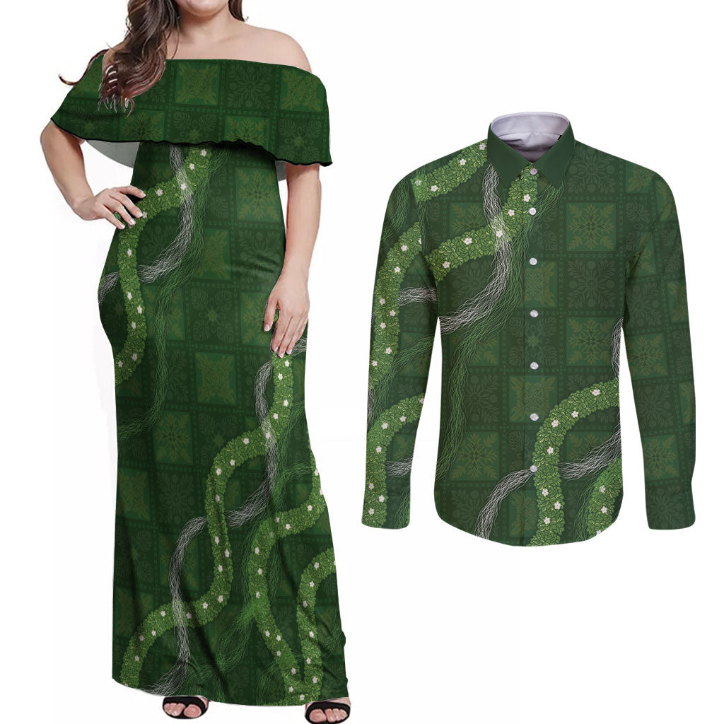 Hawaiian Quilt Couples Matching Off Shoulder Maxi Dress and Long Sleeve Button Shirt Pele Hair Hinahina Lei Green Version LT05 Green - Polynesian Pride