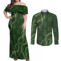 Hawaiian Quilt Couples Matching Off Shoulder Maxi Dress and Long Sleeve Button Shirt Pele Hair Hinahina Lei Green Version LT05 Green - Polynesian Pride