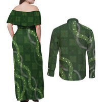 Hawaiian Quilt Couples Matching Off Shoulder Maxi Dress and Long Sleeve Button Shirt Pele Hair Hinahina Lei Green Version LT05 - Polynesian Pride