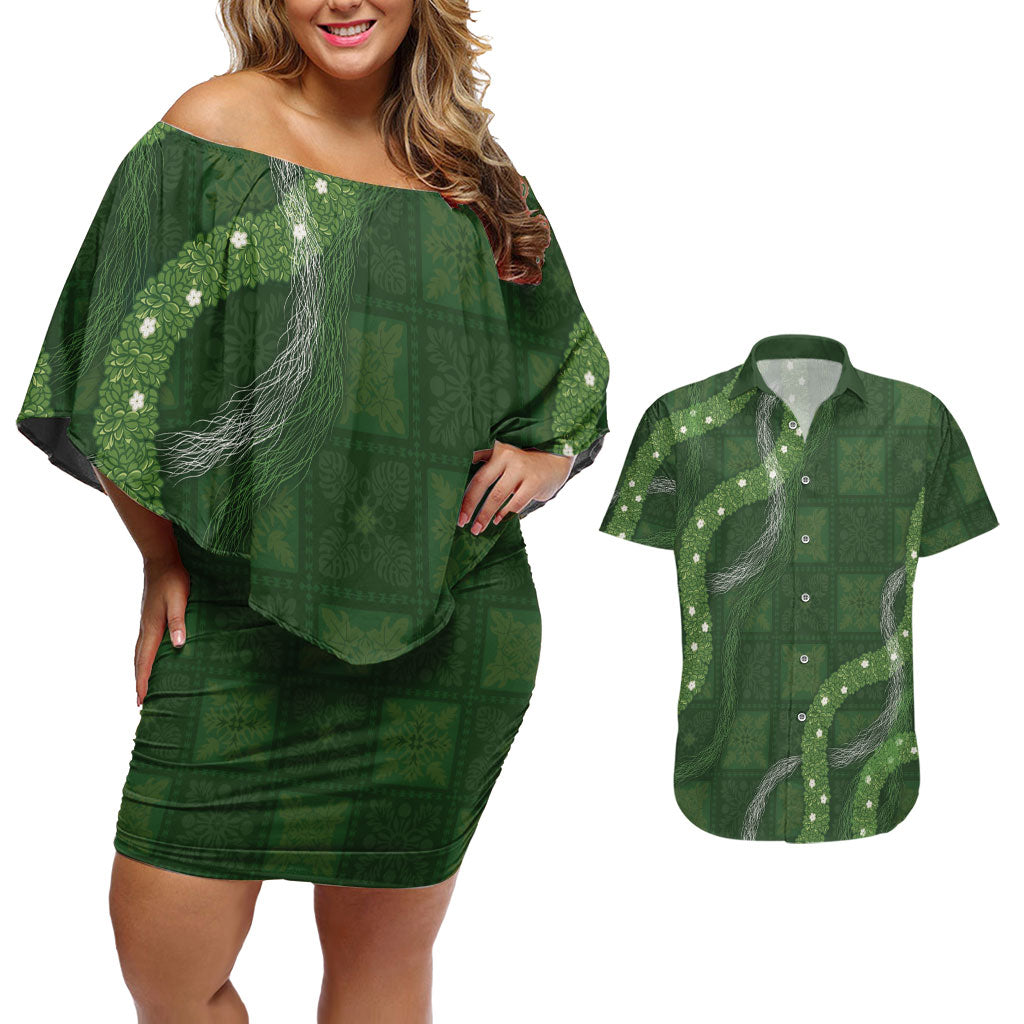 Hawaiian Quilt Couples Matching Off Shoulder Short Dress and Hawaiian Shirt Pele Hair Hinahina Lei Green Version LT05 Green - Polynesian Pride