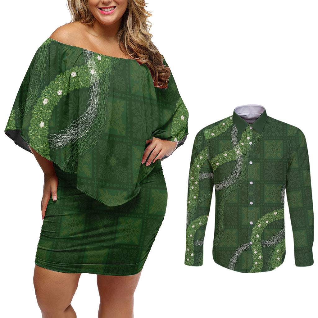 Hawaiian Quilt Couples Matching Off Shoulder Short Dress and Long Sleeve Button Shirt Pele Hair Hinahina Lei Green Version