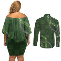 Hawaiian Quilt Couples Matching Off Shoulder Short Dress and Long Sleeve Button Shirt Pele Hair Hinahina Lei Green Version LT05 - Polynesian Pride