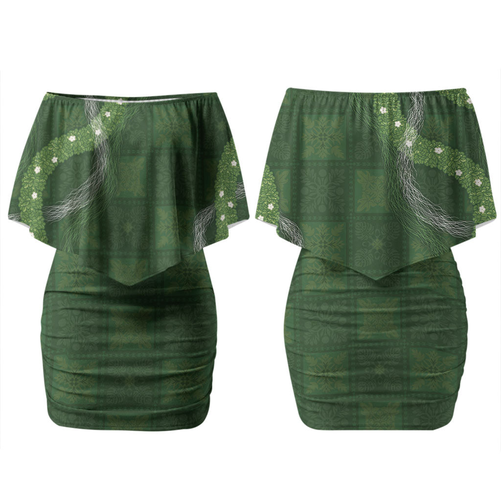 Hawaiian Quilt Couples Matching Off Shoulder Short Dress and Long Sleeve Button Shirt Pele Hair Hinahina Lei Green Version LT05 - Polynesian Pride