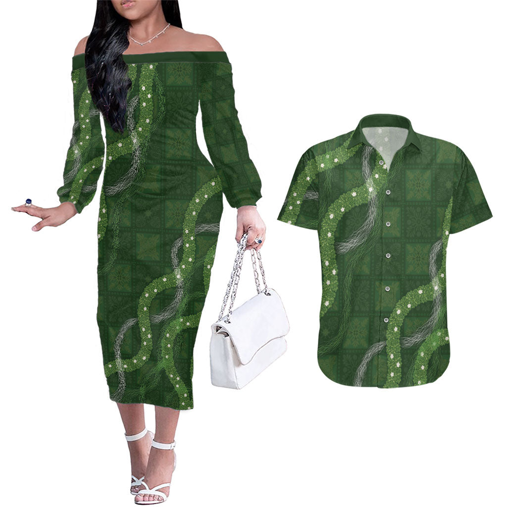 Hawaiian Quilt Couples Matching Off The Shoulder Long Sleeve Dress and Hawaiian Shirt Pele Hair Hinahina Lei Green Version