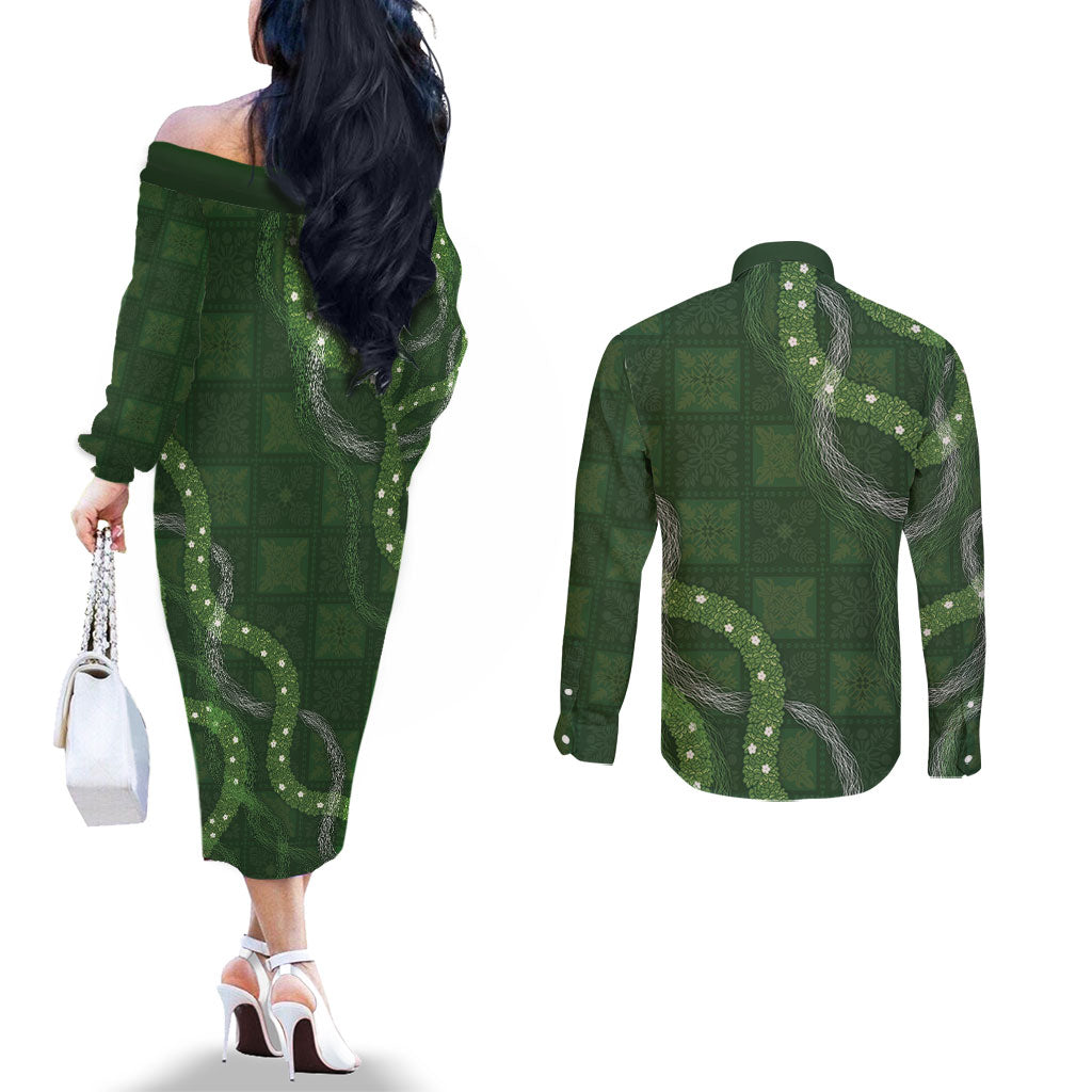 Hawaiian Quilt Couples Matching Off The Shoulder Long Sleeve Dress and Long Sleeve Button Shirt Pele Hair Hinahina Lei Green Version LT05 - Polynesian Pride