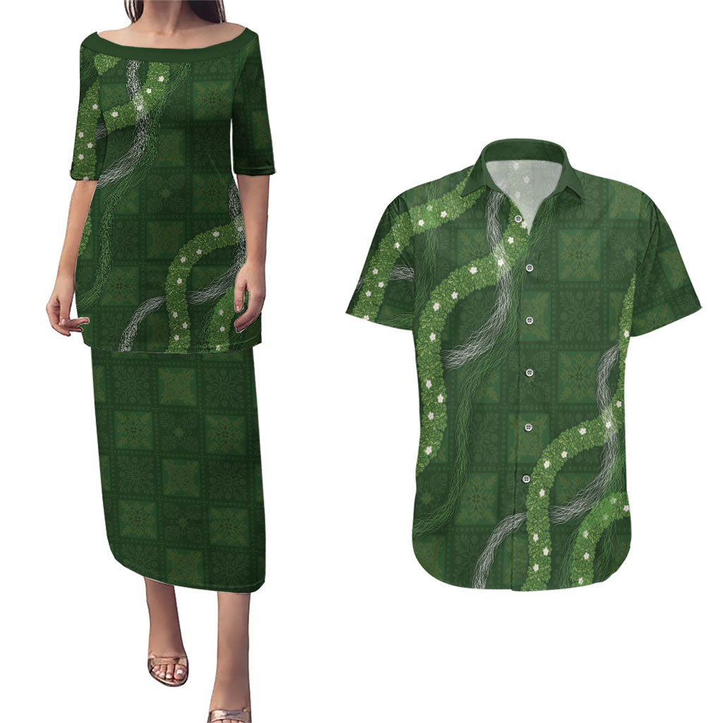 Hawaiian Quilt Couples Matching Puletasi and Hawaiian Shirt Pele Hair Hinahina Lei Green Version LT05 Green - Polynesian Pride
