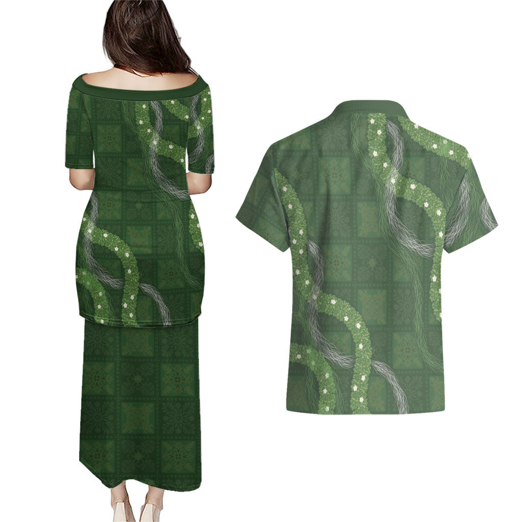 Hawaiian Quilt Couples Matching Puletasi and Hawaiian Shirt Pele Hair Hinahina Lei Green Version LT05 - Polynesian Pride