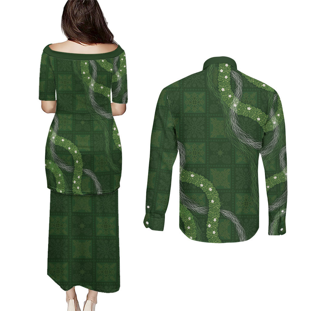 Hawaiian Quilt Couples Matching Puletasi and Long Sleeve Button Shirt Pele Hair Hinahina Lei Green Version LT05 - Polynesian Pride