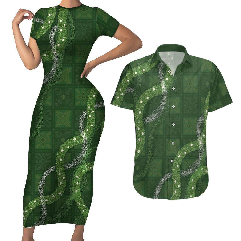 Hawaiian Quilt Couples Matching Short Sleeve Bodycon Dress and Hawaiian Shirt Pele Hair Hinahina Lei Green Version