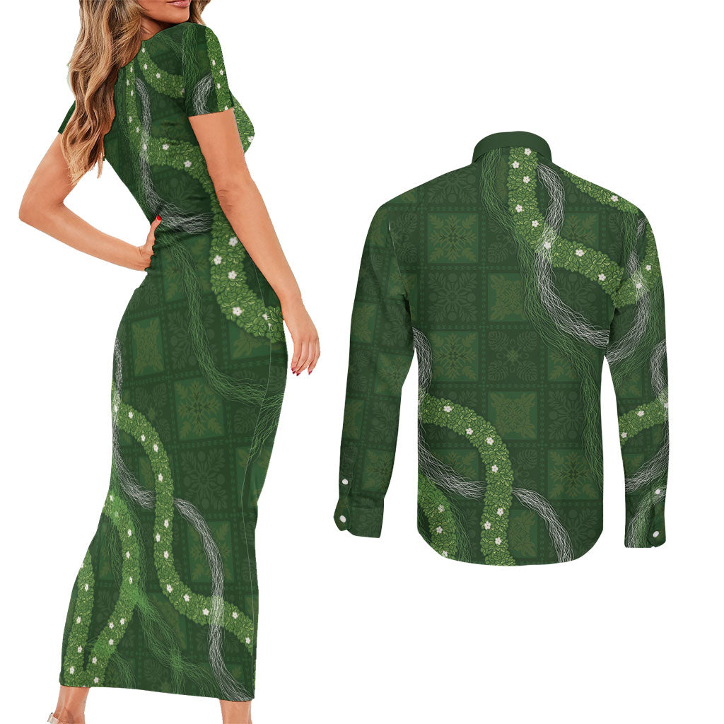 Hawaiian Quilt Couples Matching Short Sleeve Bodycon Dress and Long Sleeve Button Shirt Pele Hair Hinahina Lei Green Version LT05 - Polynesian Pride