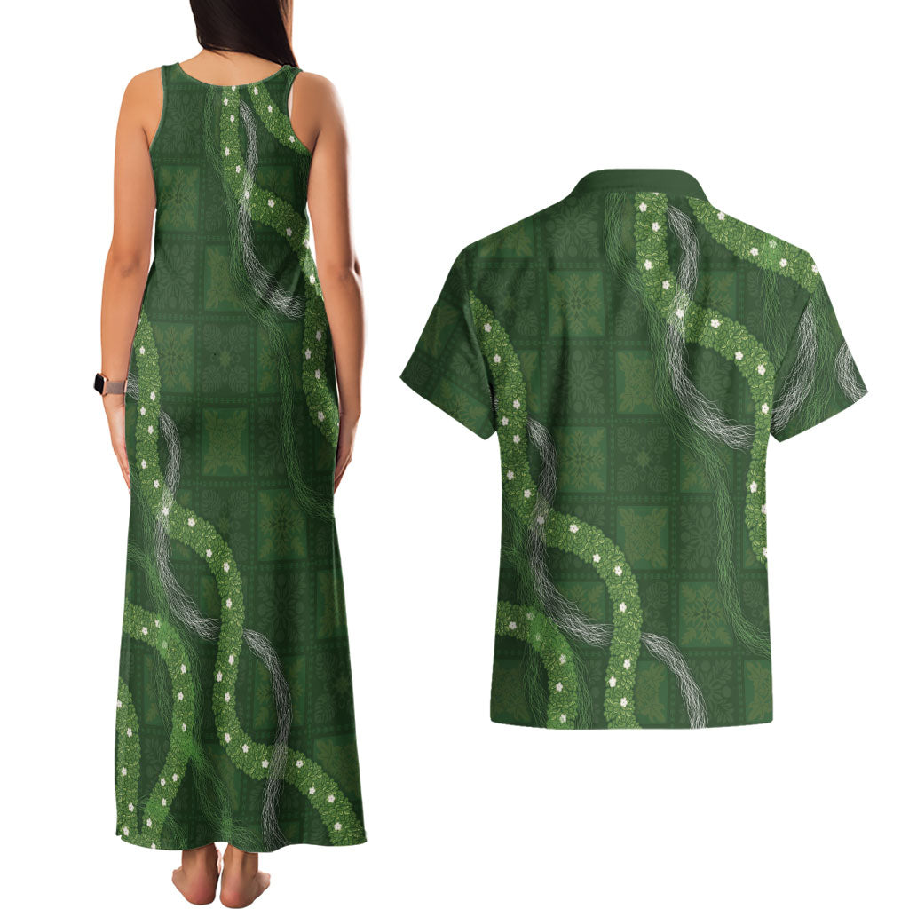 Hawaiian Quilt Couples Matching Tank Maxi Dress and Hawaiian Shirt Pele Hair Hinahina Lei Green Version LT05 - Polynesian Pride