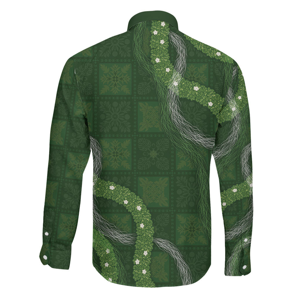 Hawaiian Quilt Family Matching Long Sleeve Bodycon Dress and Hawaiian Shirt Pele Hair Hinahina Lei Green Version LT05 - Polynesian Pride