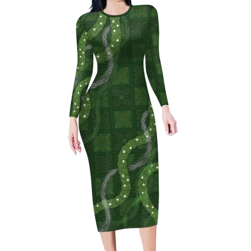 Hawaiian Quilt Family Matching Long Sleeve Bodycon Dress and Hawaiian Shirt Pele Hair Hinahina Lei Green Version LT05 Mom's Dress Green - Polynesian Pride