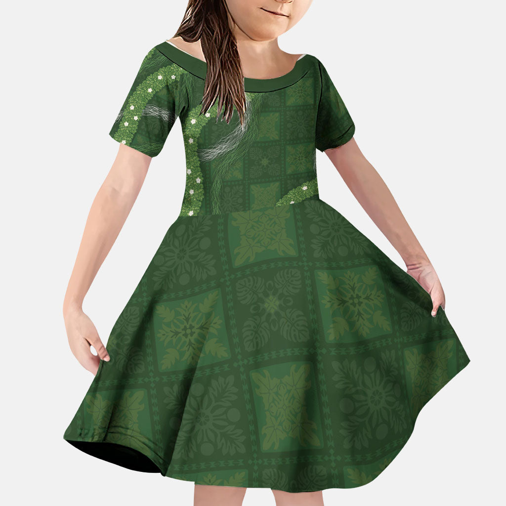 Hawaiian Quilt Family Matching Mermaid Dress and Hawaiian Shirt Pele Hair Hinahina Lei Green Version LT05 Daughter's Dress Green - Polynesian Pride
