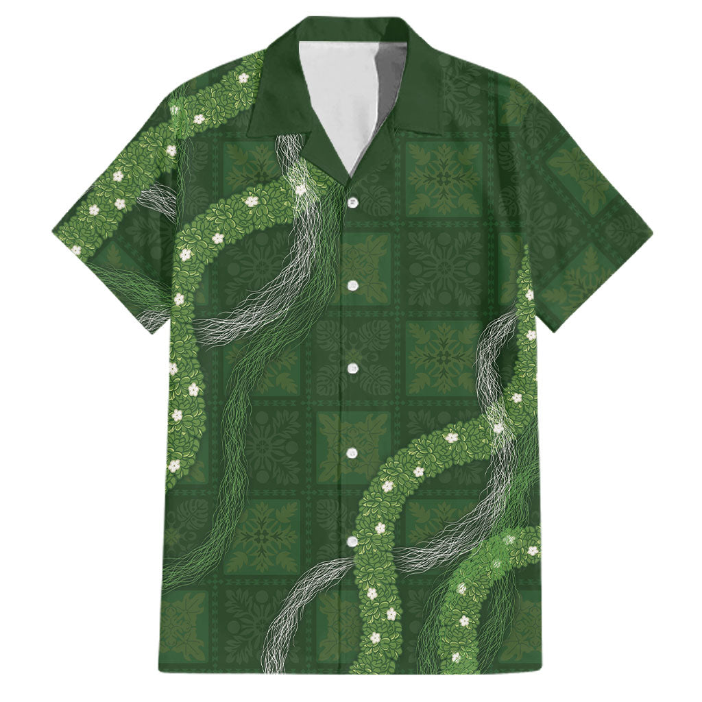 Hawaiian Quilt Family Matching Off The Shoulder Long Sleeve Dress and Hawaiian Shirt Pele Hair Hinahina Lei Green Version LT05 Dad's Shirt - Short Sleeve Green - Polynesian Pride