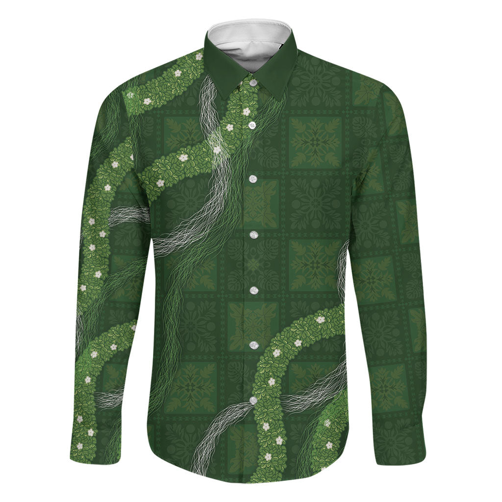 Hawaiian Quilt Family Matching Off Shoulder Short Dress and Hawaiian Shirt Pele Hair Hinahina Lei Green Version LT05 Dad's Shirt - Long Sleeve Green - Polynesian Pride