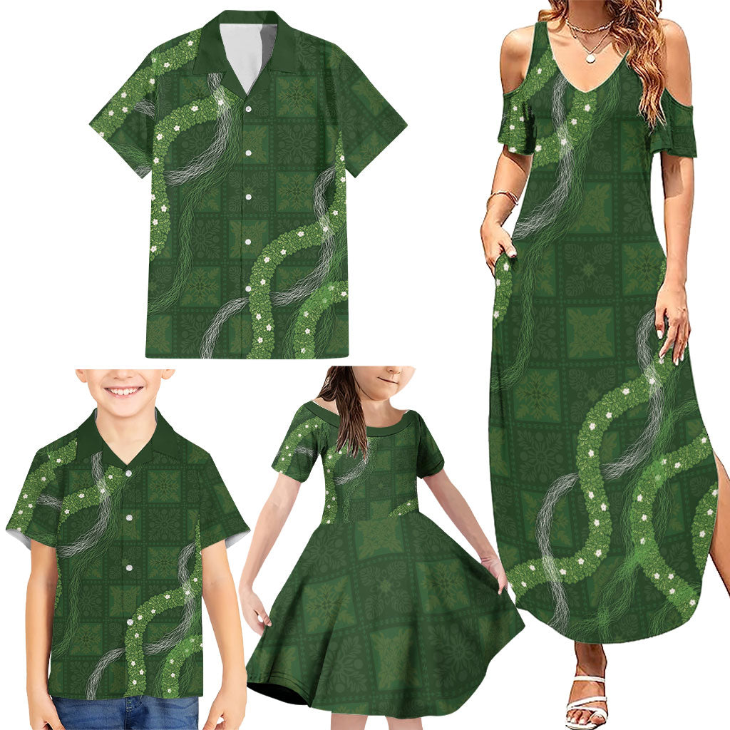 Hawaiian Quilt Family Matching Summer Maxi Dress and Hawaiian Shirt Pele Hair Hinahina Lei Green Version LT05 - Polynesian Pride