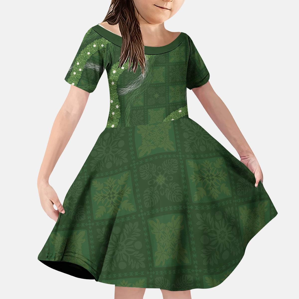 Hawaiian Quilt Kid Short Sleeve Dress Pele Hair Hinahina Lei Green Version
