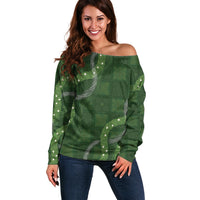 Hawaiian Quilt Off Shoulder Sweater Pele Hair Hinahina Lei Green Version
