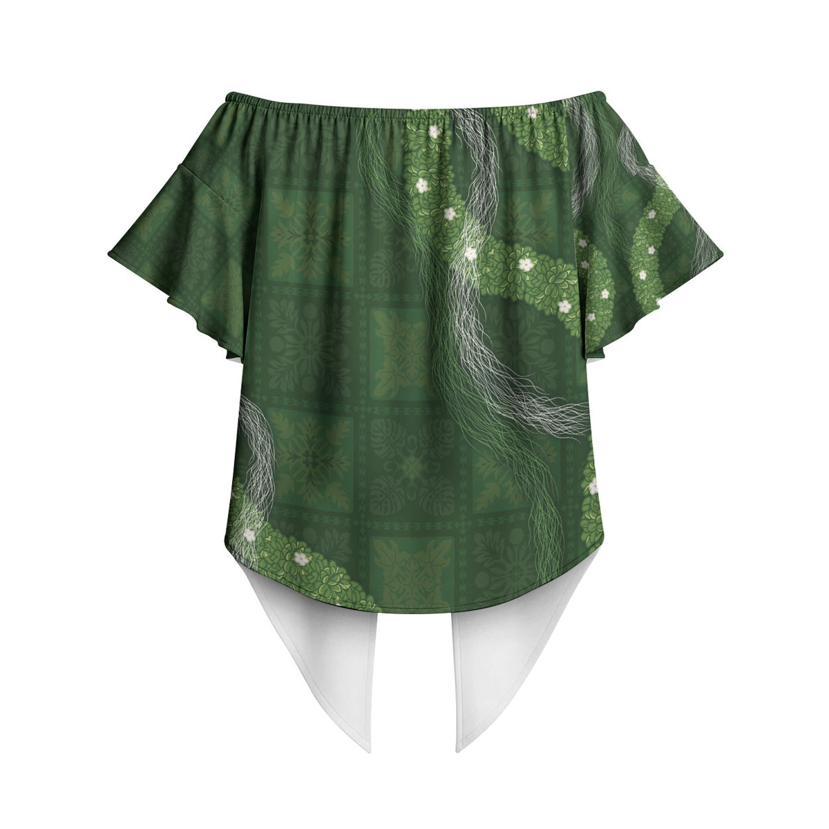 Hawaiian Quilt Off Shoulder Wrap Waist Top Pele Hair Hinahina Lei Green Version LT05 - Polynesian Pride