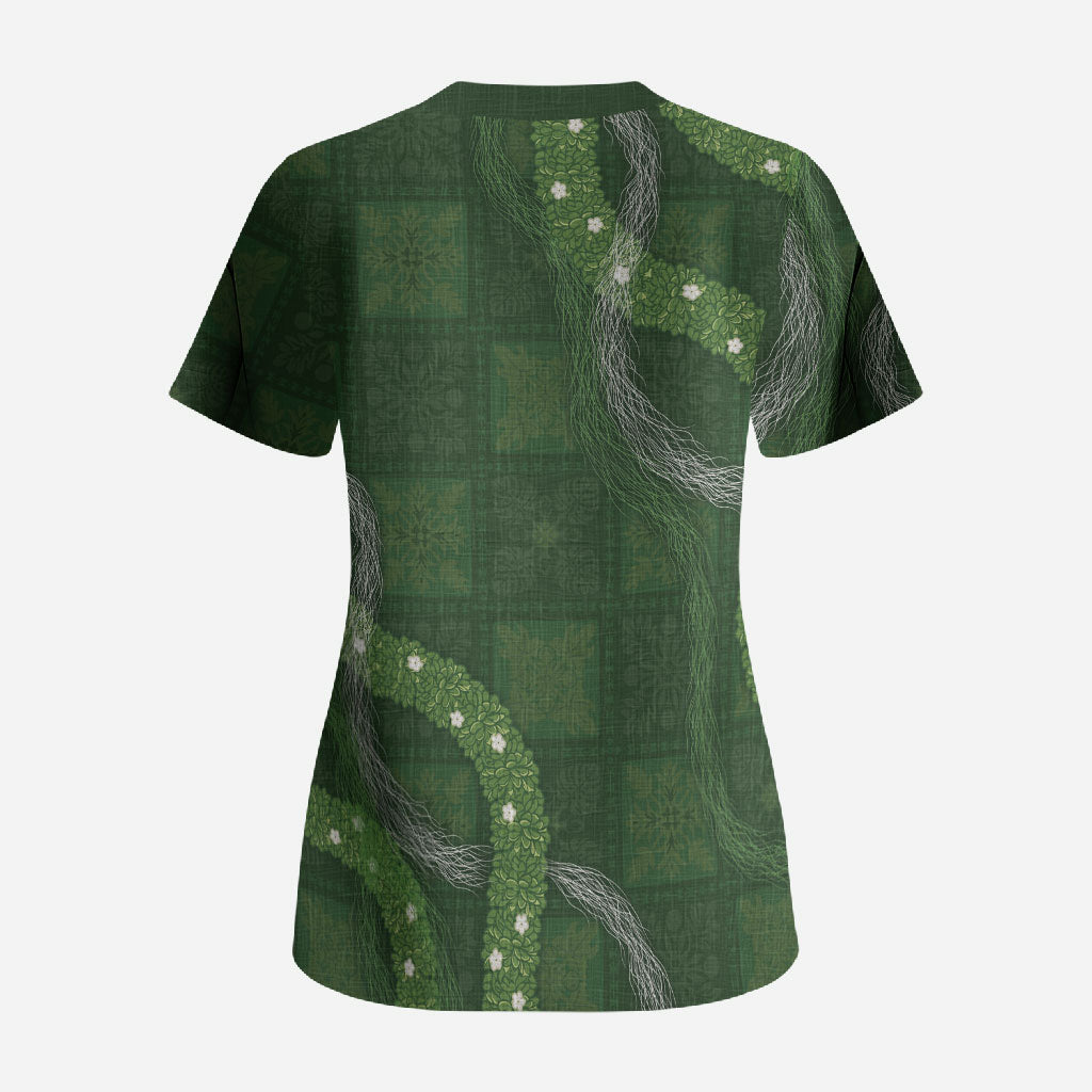 Hawaiian Quilt Scrub Top Pele Hair Hinahina Lei Green Version