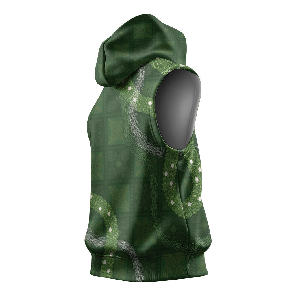 Hawaiian Quilt Sleeveless Hoodie Pele Hair Hinahina Lei Green Version