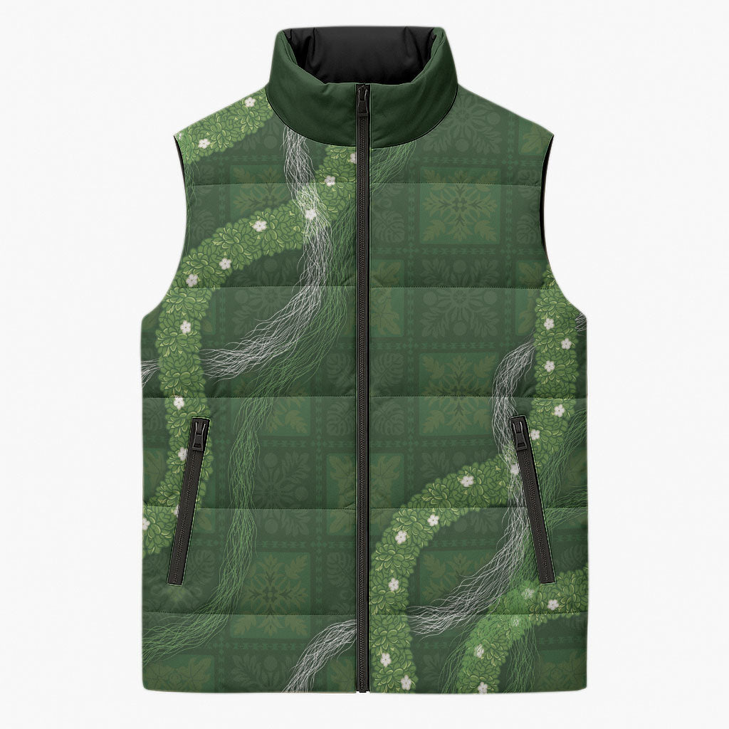 Hawaiian Quilt Sleeveless Puffer Jacket Pele Hair Hinahina Lei Green Version