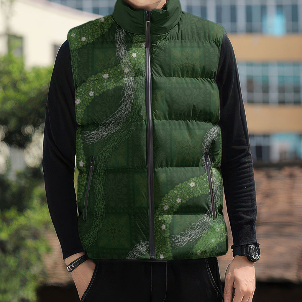 Hawaiian Quilt Sleeveless Puffer Jacket Pele Hair Hinahina Lei Green Version