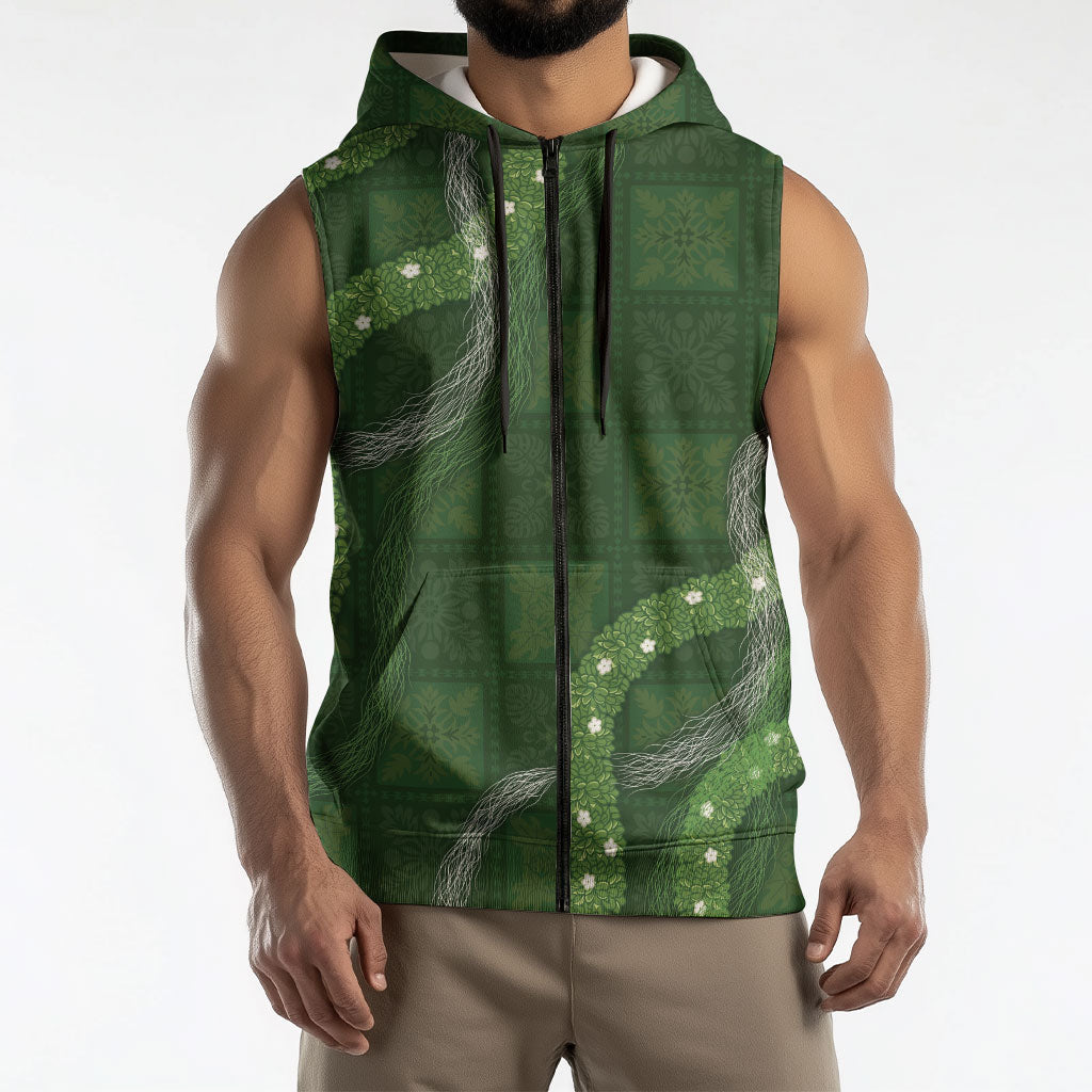 Hawaiian Quilt Sleeveless Zip Hoodie Pele Hair Hinahina Lei Green Version LT05 - Polynesian Pride