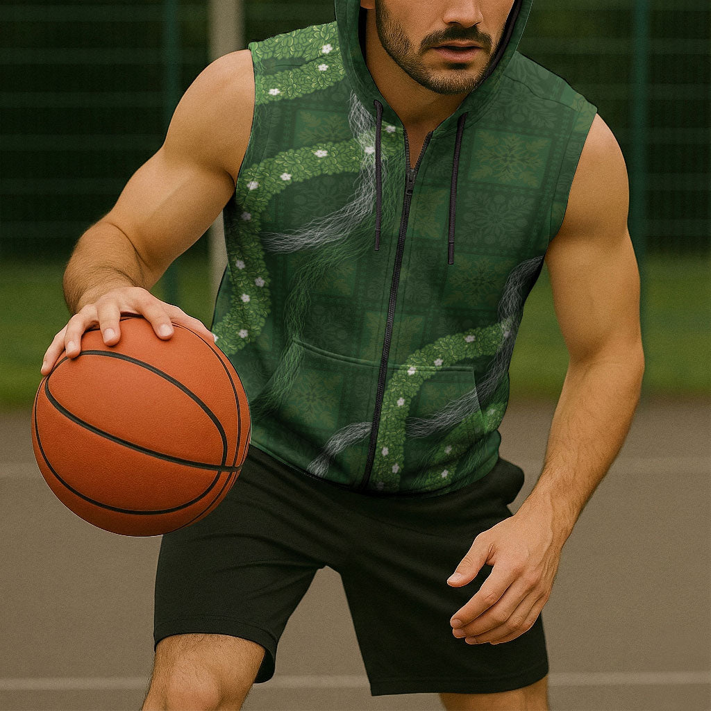 Hawaiian Quilt Sleeveless Zip Hoodie Pele Hair Hinahina Lei Green Version LT05 - Polynesian Pride
