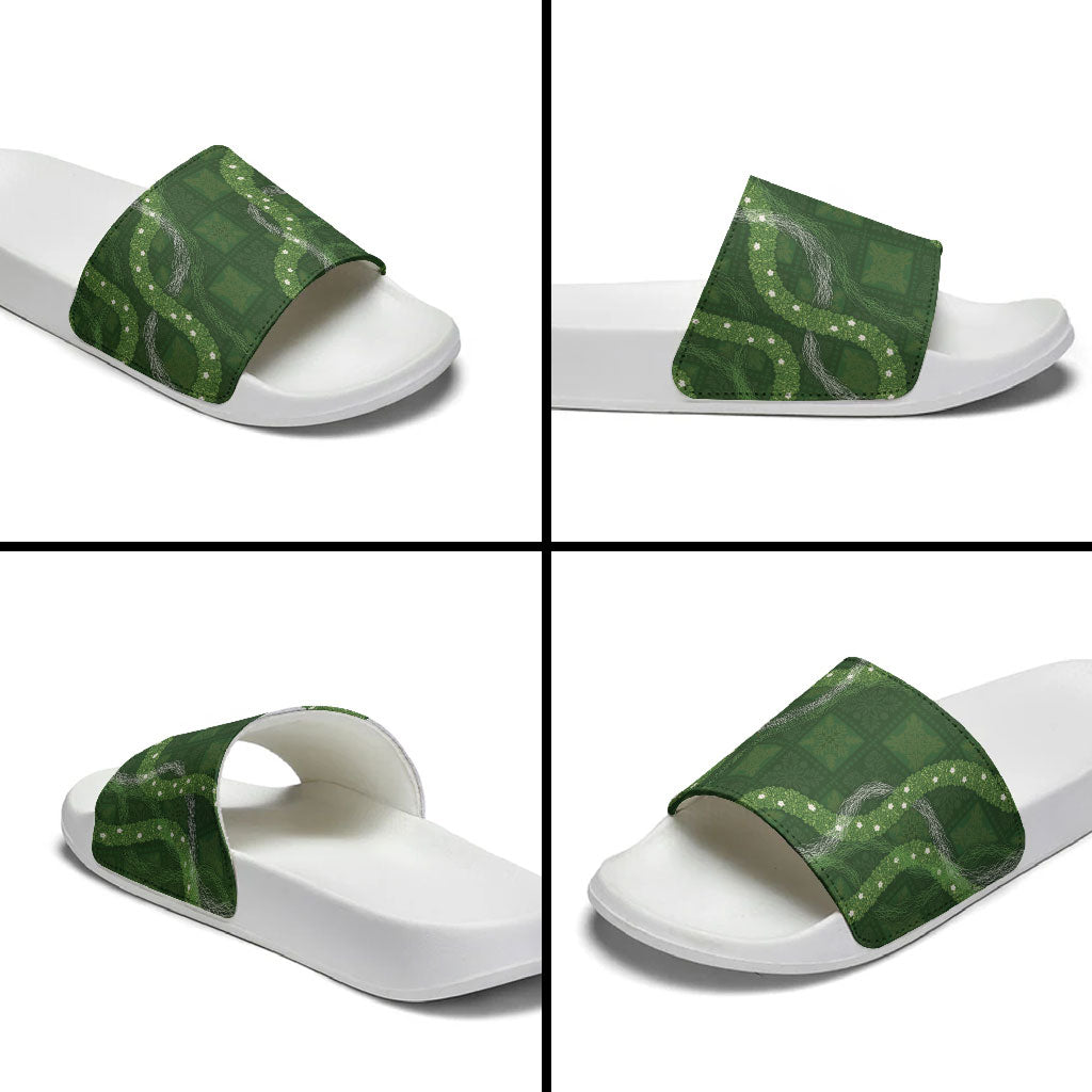 Hawaiian Quilt Slide Sandals Pele Hair Hinahina Lei Green Version