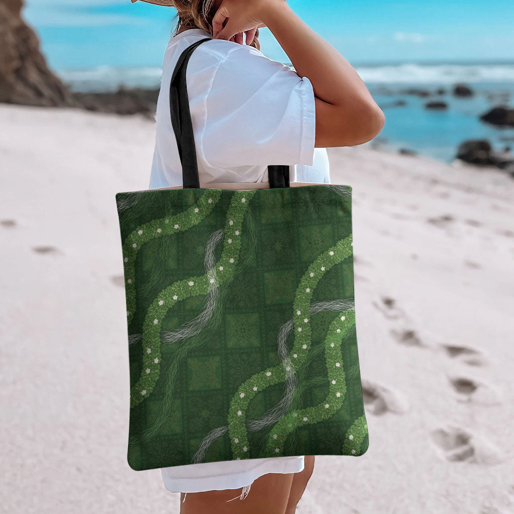 Hawaiian Quilt Tote Bag Pele Hair Hinahina Lei Green Version