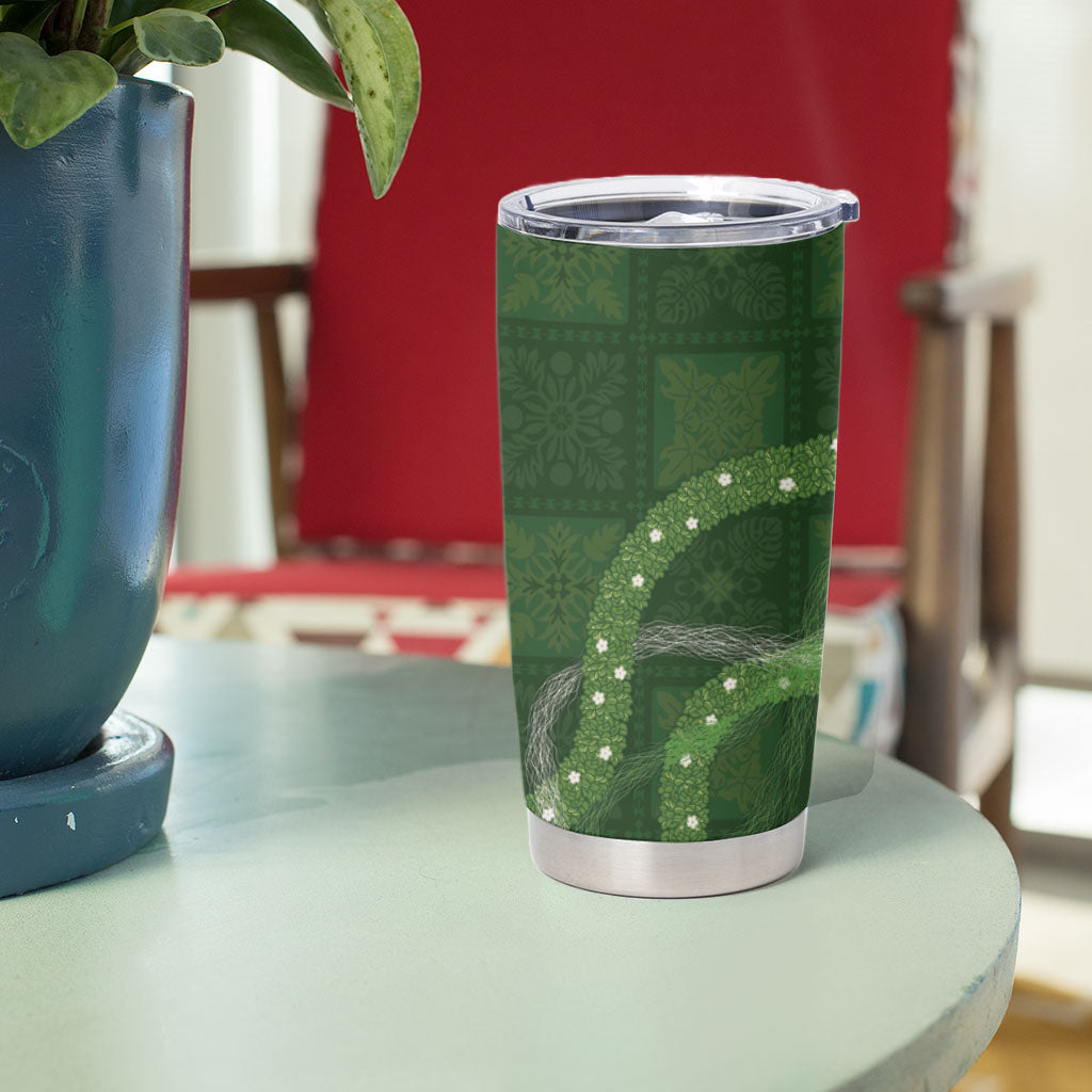 Hawaiian Quilt Tumbler Cup Pele Hair Hinahina Lei Green Version