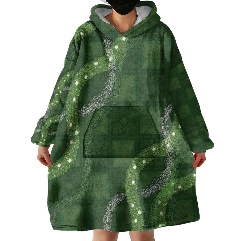 Hawaiian Quilt Wearable Blanket Hoodie Pele Hair Hinahina Lei Green Version LT05 - Polynesian Pride