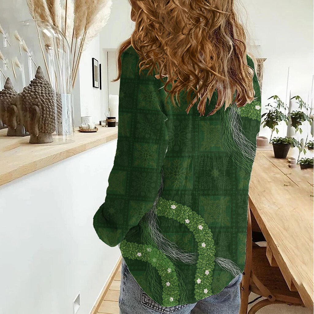 Hawaiian Quilt Women Casual Shirt Pele Hair Hinahina Lei Green Version LT05 - Polynesian Pride