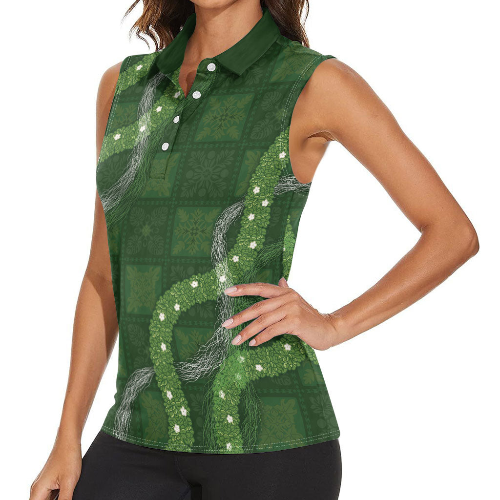 Hawaiian Quilt Women Sleeveless Polo Shirt Pele Hair Hinahina Lei Green Version LT05 - Polynesian Pride