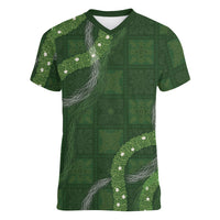 Hawaiian Quilt Women V-Neck T-Shirt Pele Hair Hinahina Lei Green Version LT05 Female Green - Polynesian Pride