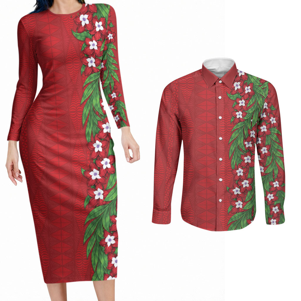 Tonga Language Week Couples Matching Long Sleeve Bodycon Dress and Long Sleeve Button Shirt Heilala Floral Red LT05 Red - Polynesian Pride