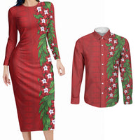 Tonga Language Week Couples Matching Long Sleeve Bodycon Dress and Long Sleeve Button Shirt Heilala Floral Red LT05 Red - Polynesian Pride