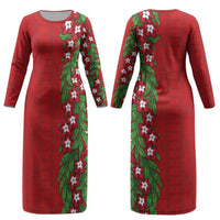 Tonga Language Week Couples Matching Long Sleeve Bodycon Dress and Long Sleeve Button Shirt Heilala Floral Red LT05 - Polynesian Pride