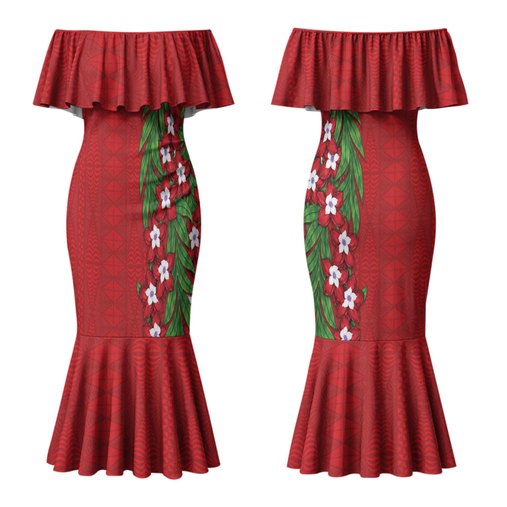 Tonga Language Week Couples Matching Mermaid Dress and Hawaiian Shirt Heilala Floral Red LT05 - Polynesian Pride