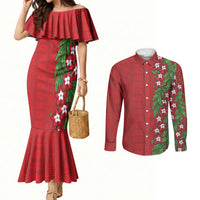 Tonga Language Week Couples Matching Mermaid Dress and Long Sleeve Button Shirt Heilala Floral Red LT05 Red - Polynesian Pride