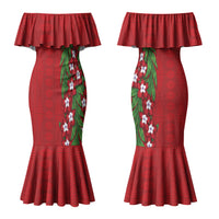 Tonga Language Week Couples Matching Mermaid Dress and Long Sleeve Button Shirt Heilala Floral Red LT05 - Polynesian Pride