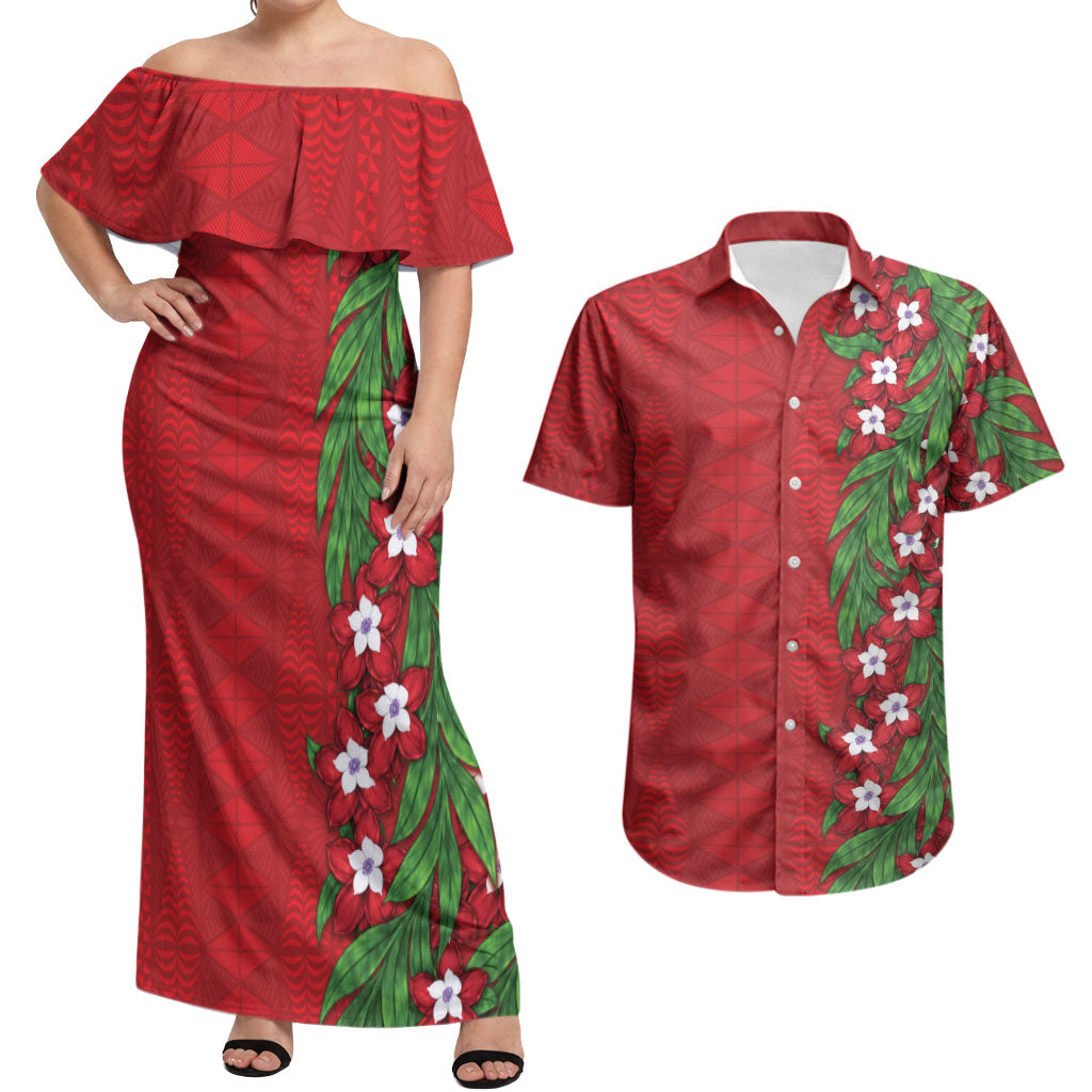 Tonga Language Week Couples Matching Off Shoulder Maxi Dress and Hawaiian Shirt Heilala Floral Red LT05 Red - Polynesian Pride