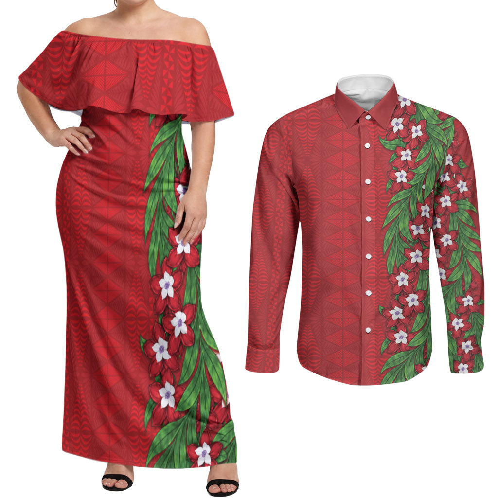 Tonga Language Week Couples Matching Off Shoulder Maxi Dress and Long Sleeve Button Shirt Heilala Floral Red LT05 Red - Polynesian Pride